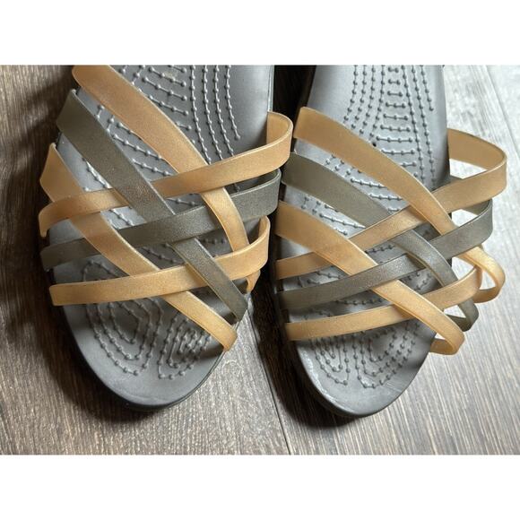 Crocs Huarache Sandals Jelly Low Wedge Strappy Espresso Brown Gold Women 10 - Picture 8 of 10